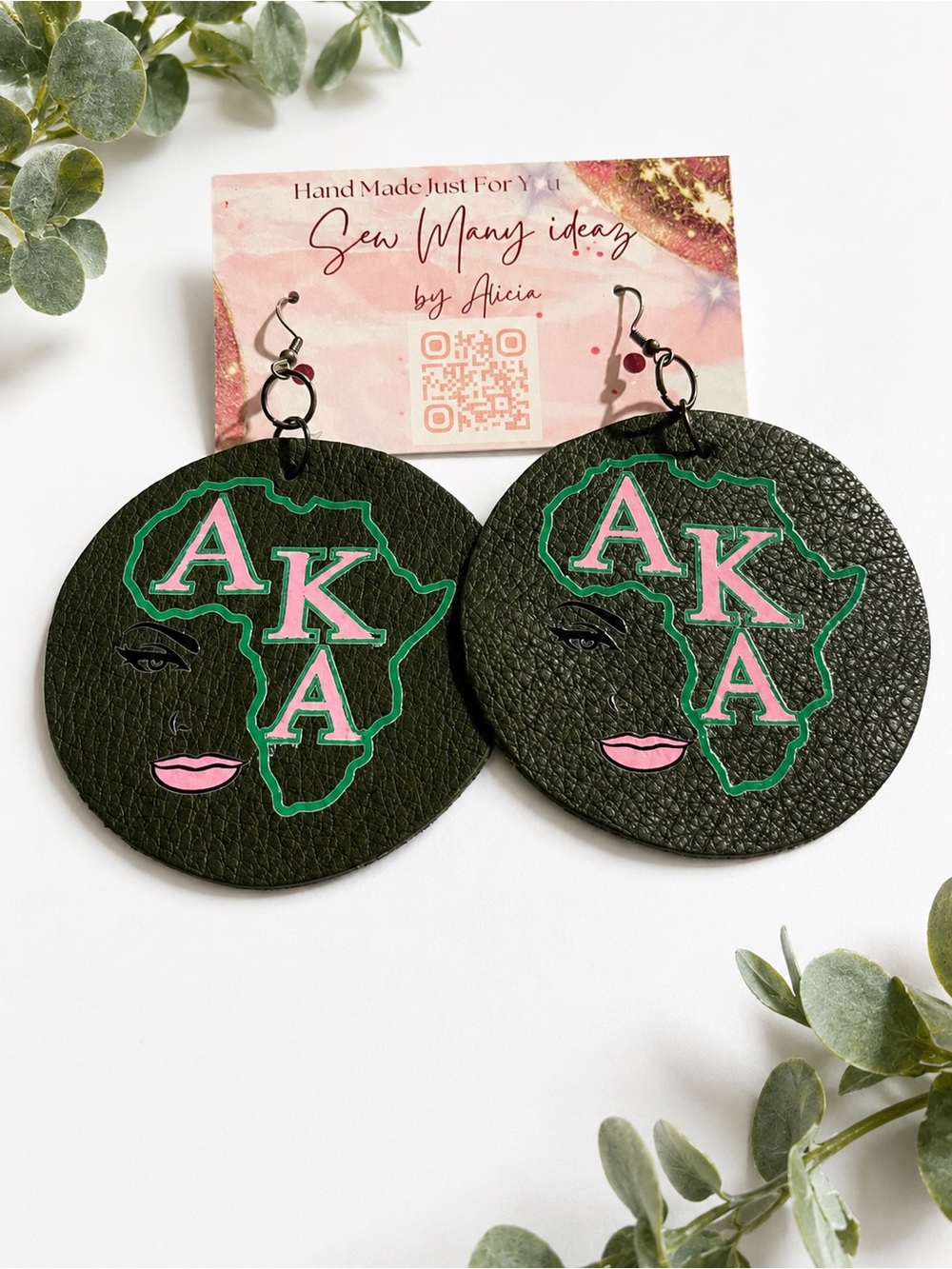 AKA Africa Map Leather Statement Earrings in Dark Green and Pink